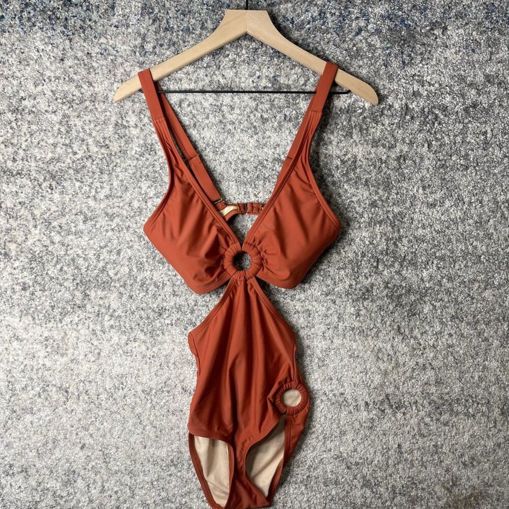 Unique Vintage Swim Swimsuit‎ Womens XS Rust Orange Cutout One Piece Monokini